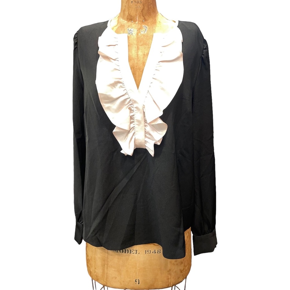 J. Crew Black Blouse with White Ruffle
